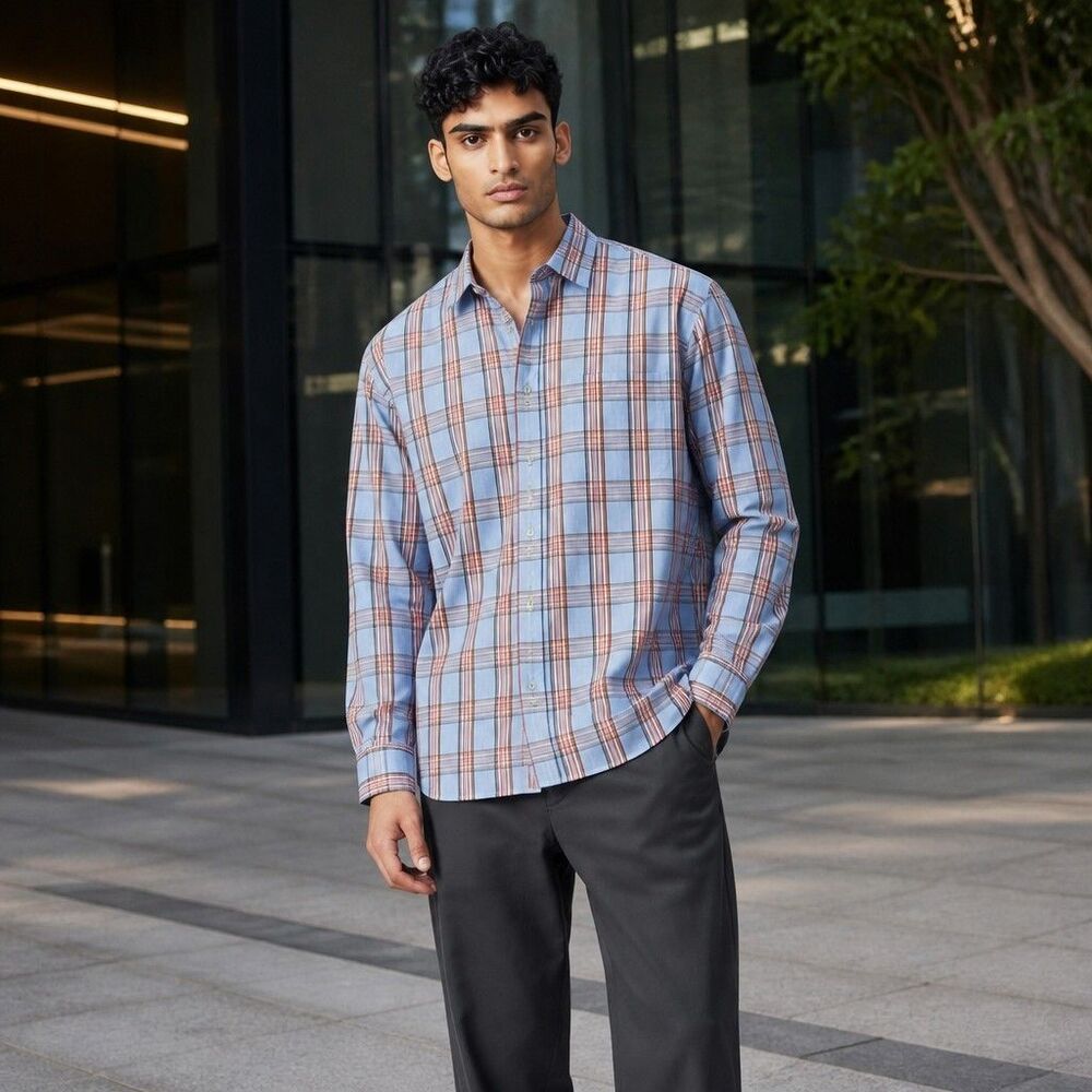 Alan Flusser Plaid Button Down Shirt L Blue Orange Cotton Preppy Classic